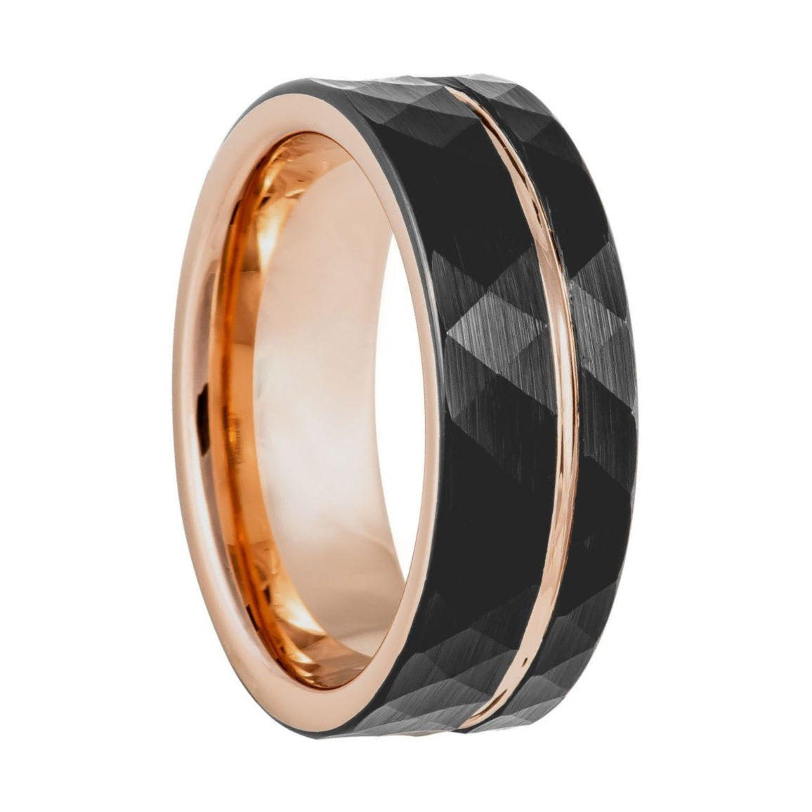 Black Faceted Tungsten Men's Wedding Band with Rose Gold Groove & Interior