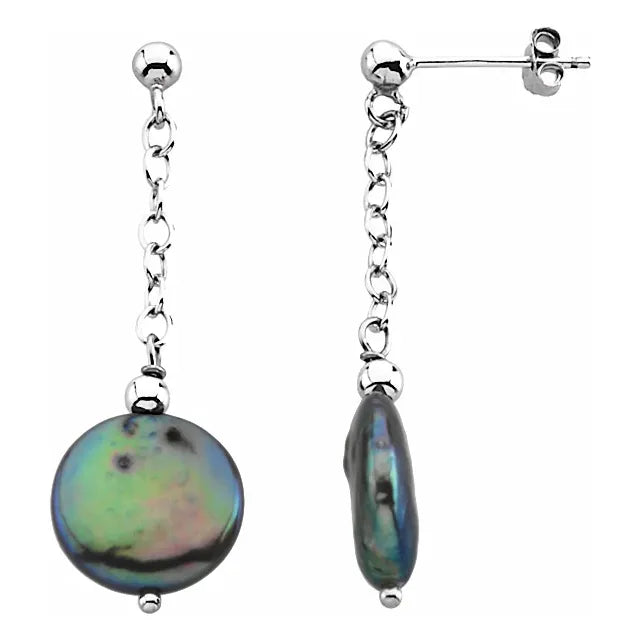 Black Freshwater Cultured Coin Pearl Sterling Silver Earrings