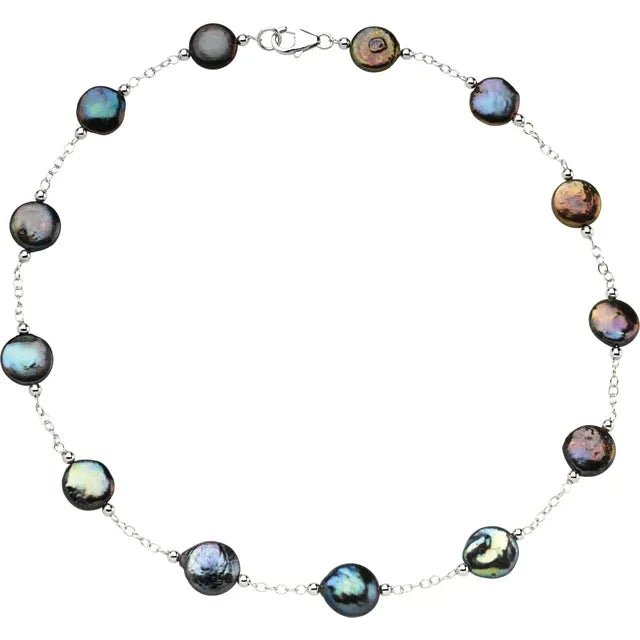Black Freshwater Cultured Coin Pearl Sterling Silver Necklace