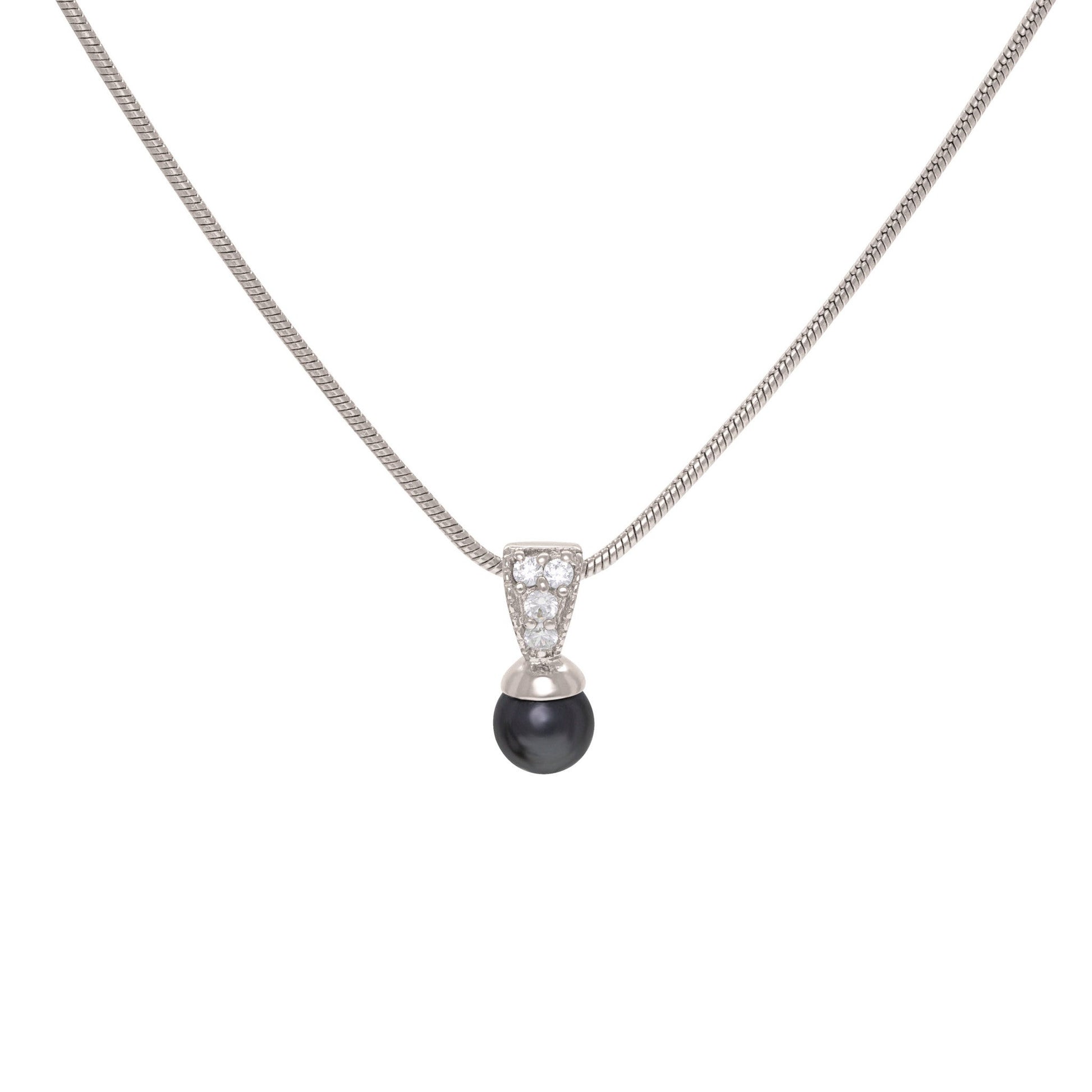 A black glass pearl simulated diamond pendant displayed on a neutral white background.