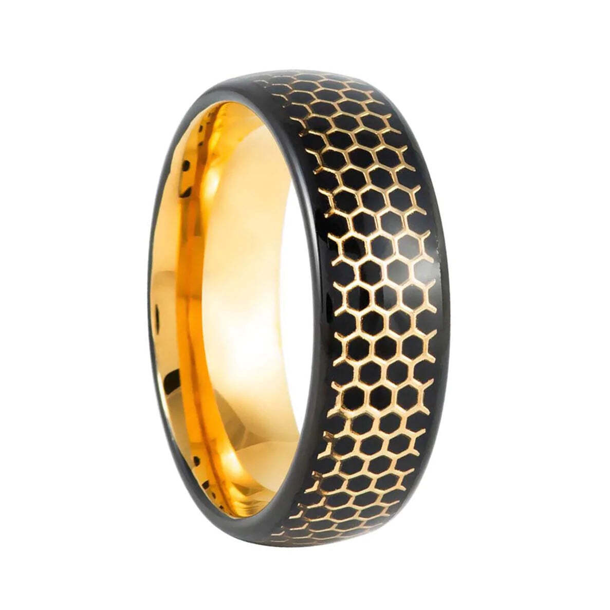 Black & Gold Hexagon Honeycomb Inlay Gold Tungsten Men's Wedding Band