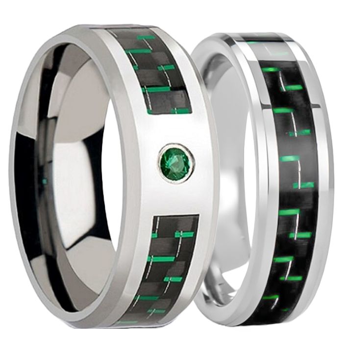Black & Green Carbon Fiber Inlaid Tungsten Couple's Matching Wedding Band Set