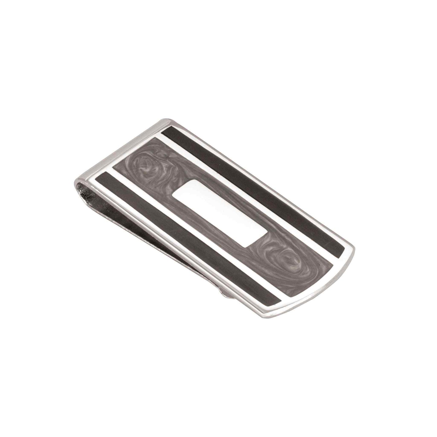 A black and grey epoxy money clip displayed on a neutral white background.