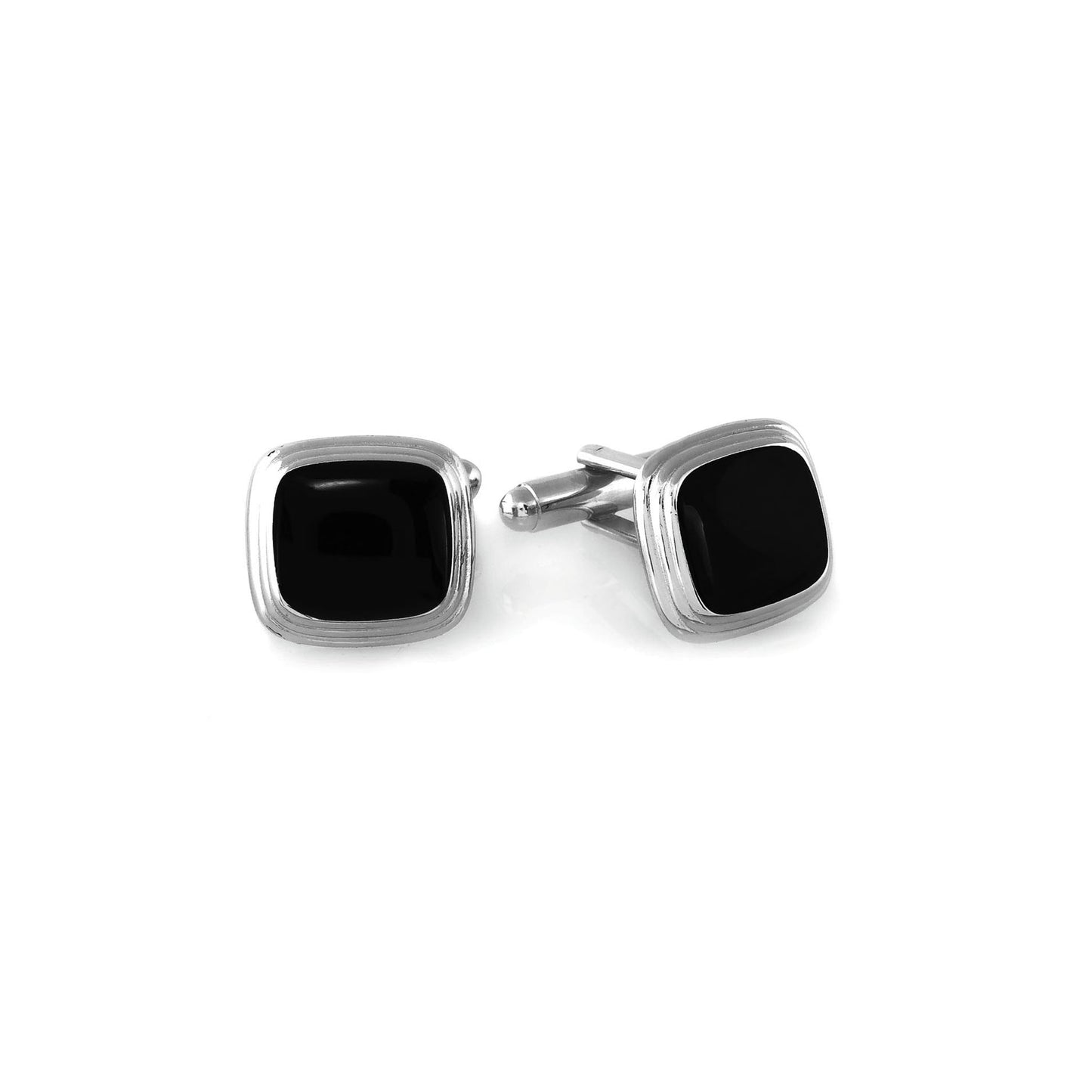 A black lacquer cushion cufflinks displayed on a neutral white background.