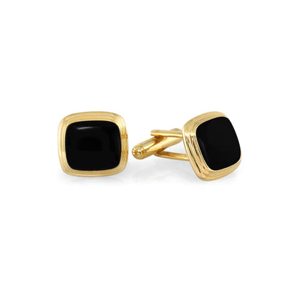 A black lacquer cushion cufflinks displayed on a neutral white background.