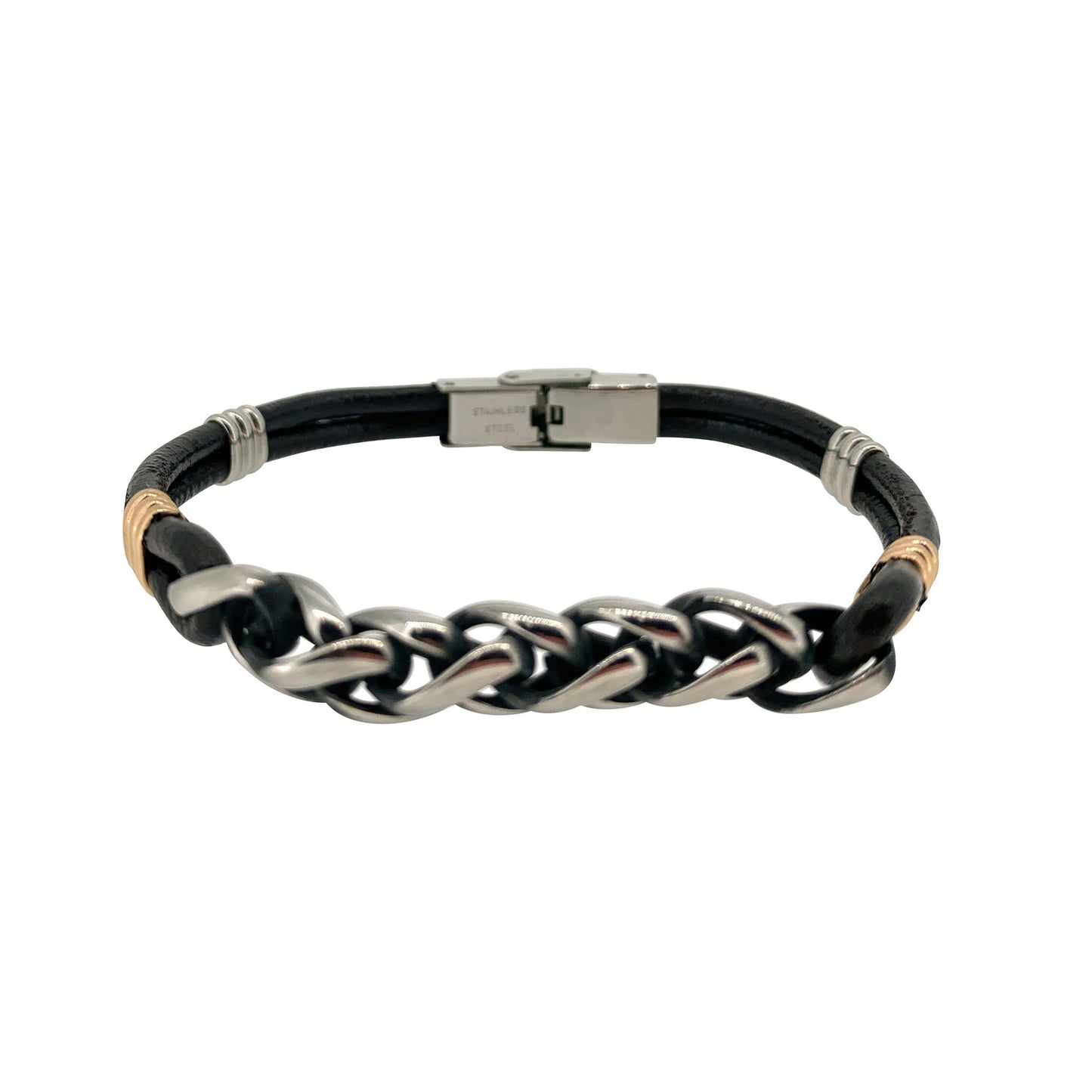 A black leather 2 cord bracelet with stainless steel central wheat chain displayed on a neutral white background.