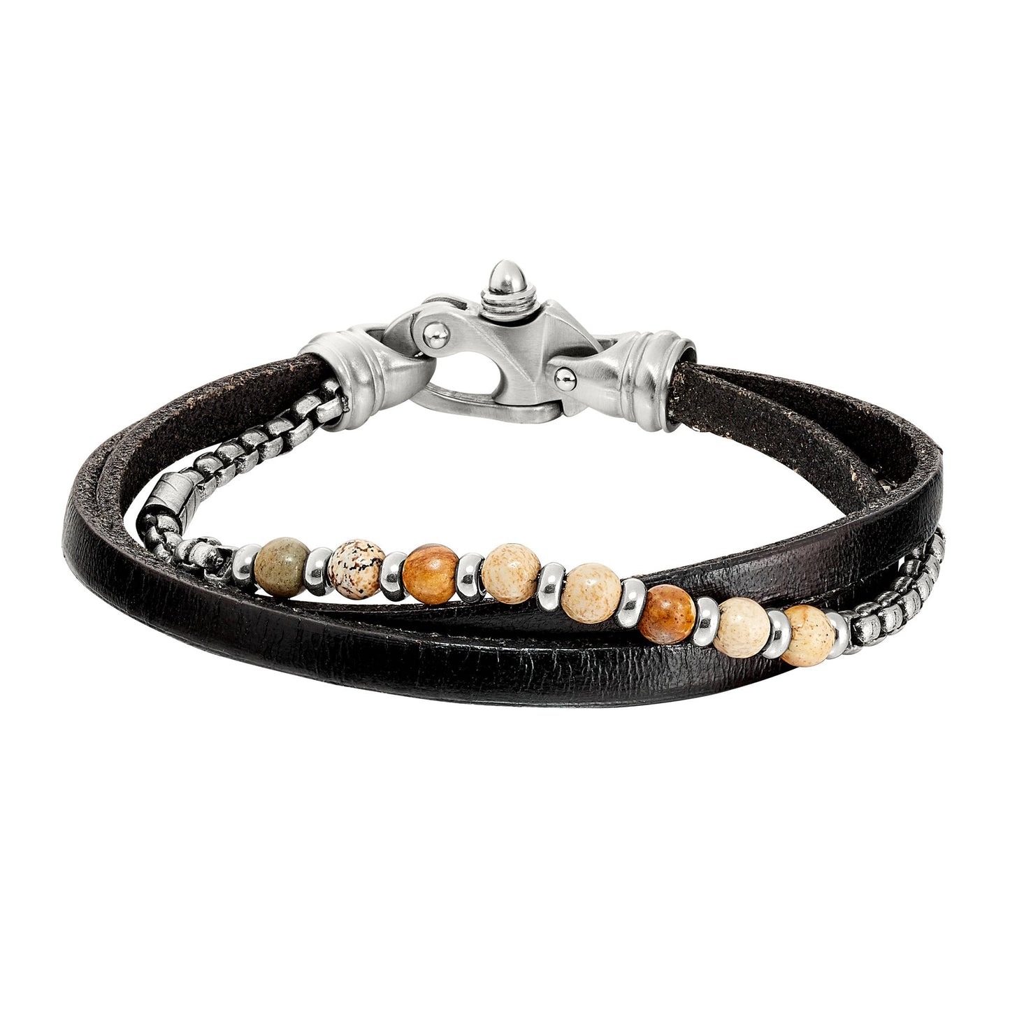 A black leather 3 cord bracelet with box link chain and brown beads displayed on a neutral white background.