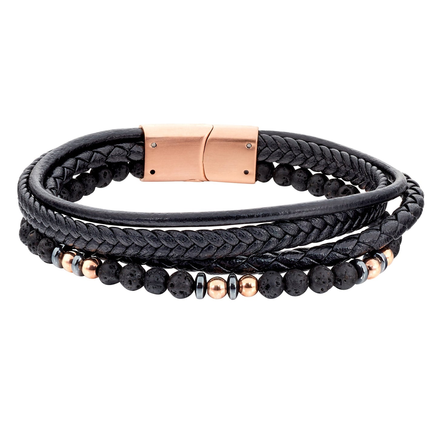 A black leather 4 cord bracelet with rose gold & black beads displayed on a neutral white background.