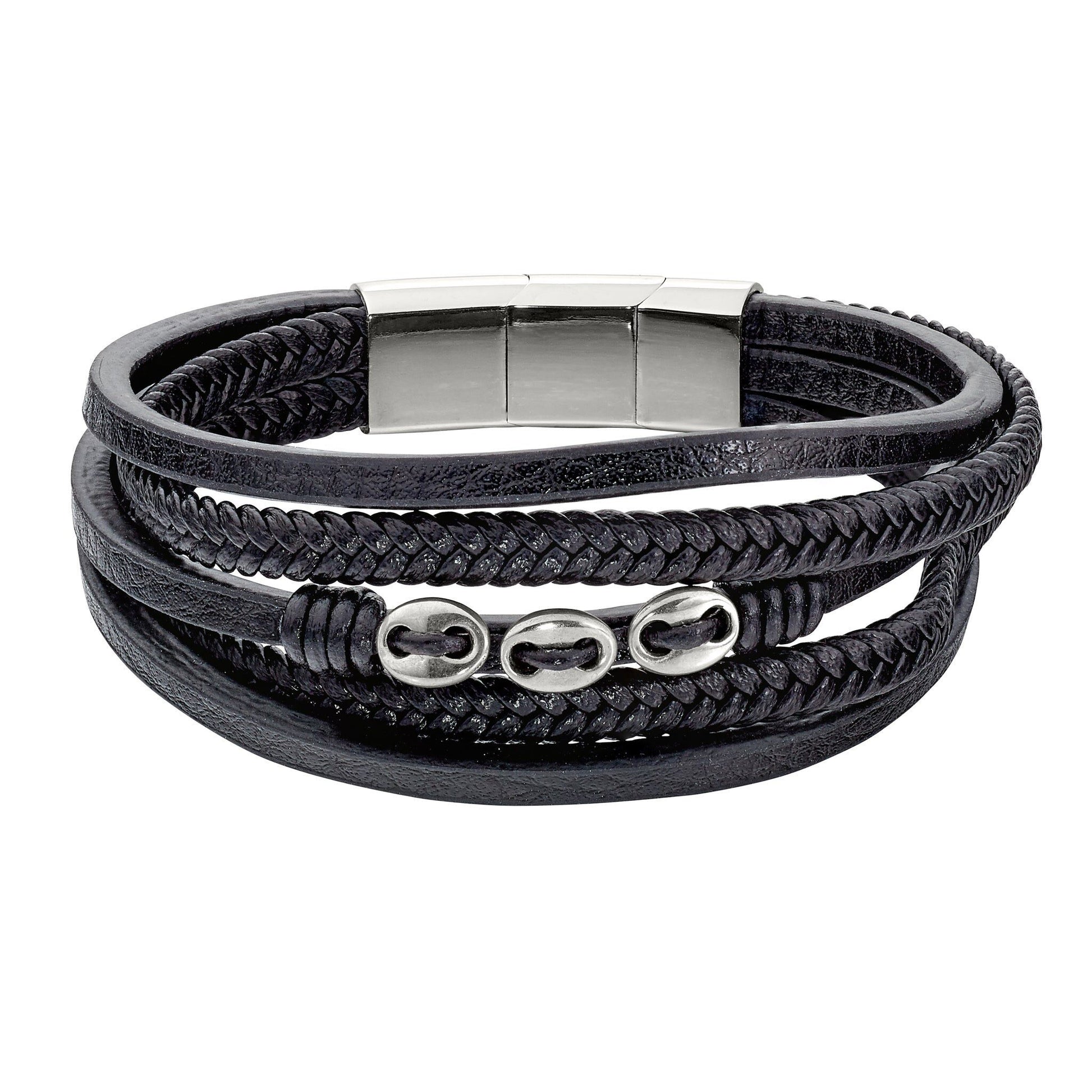 A black leather 5 cord bracelet with 3 stainless steel buttons displayed on a neutral white background.