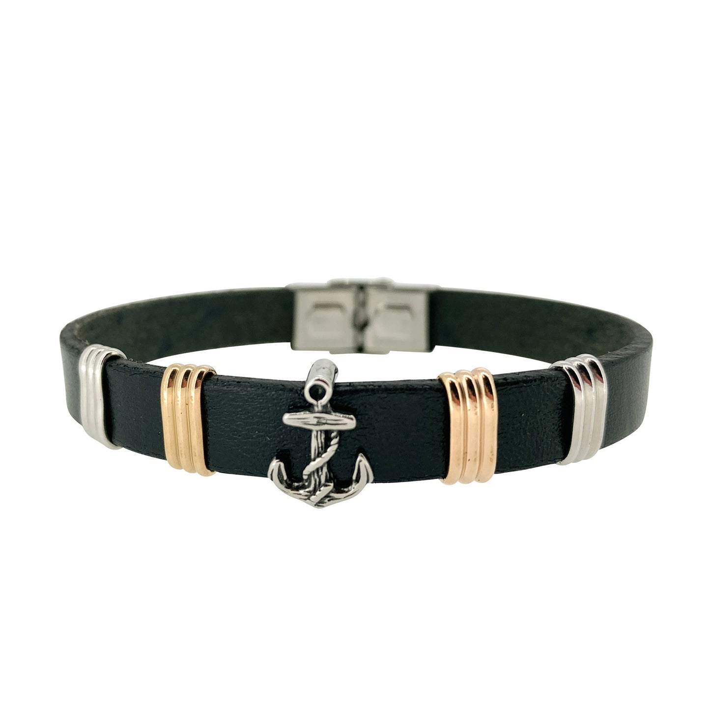 A black leather cord bracelet with central stainless steel anchor displayed on a neutral white background.