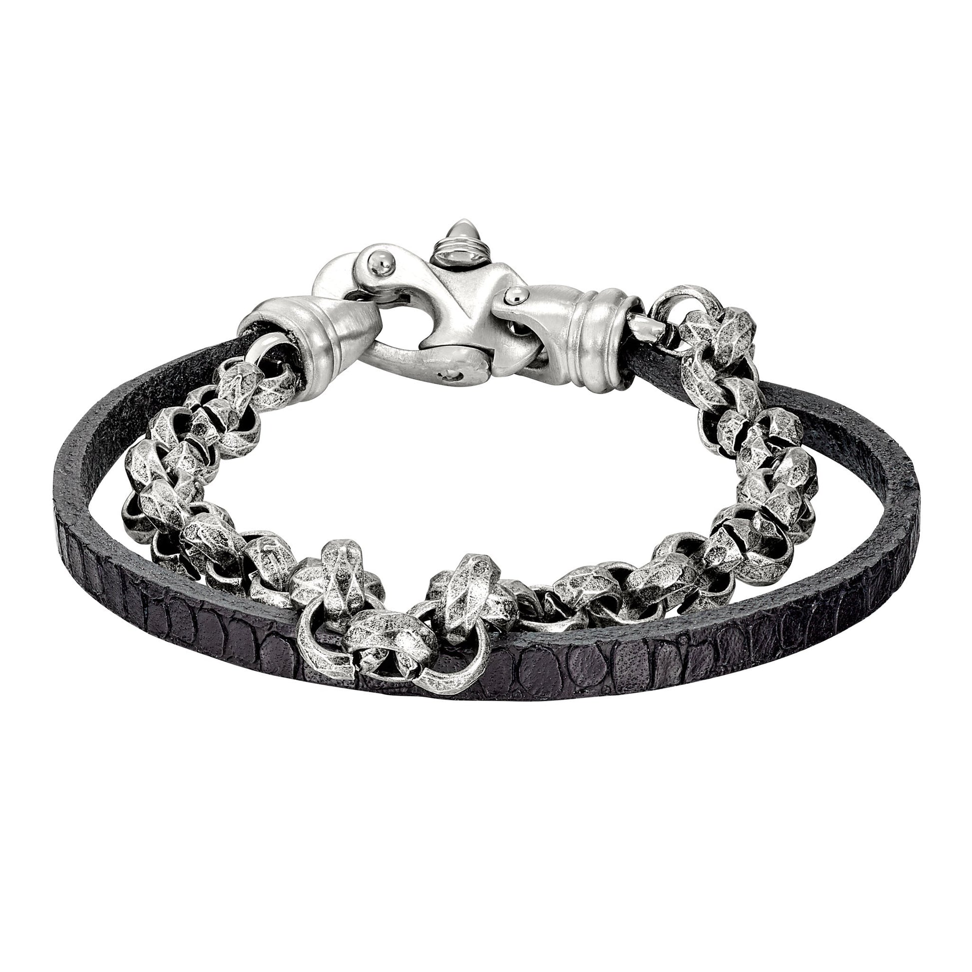 A black leather cord bracelet with large box link chain displayed on a neutral white background.