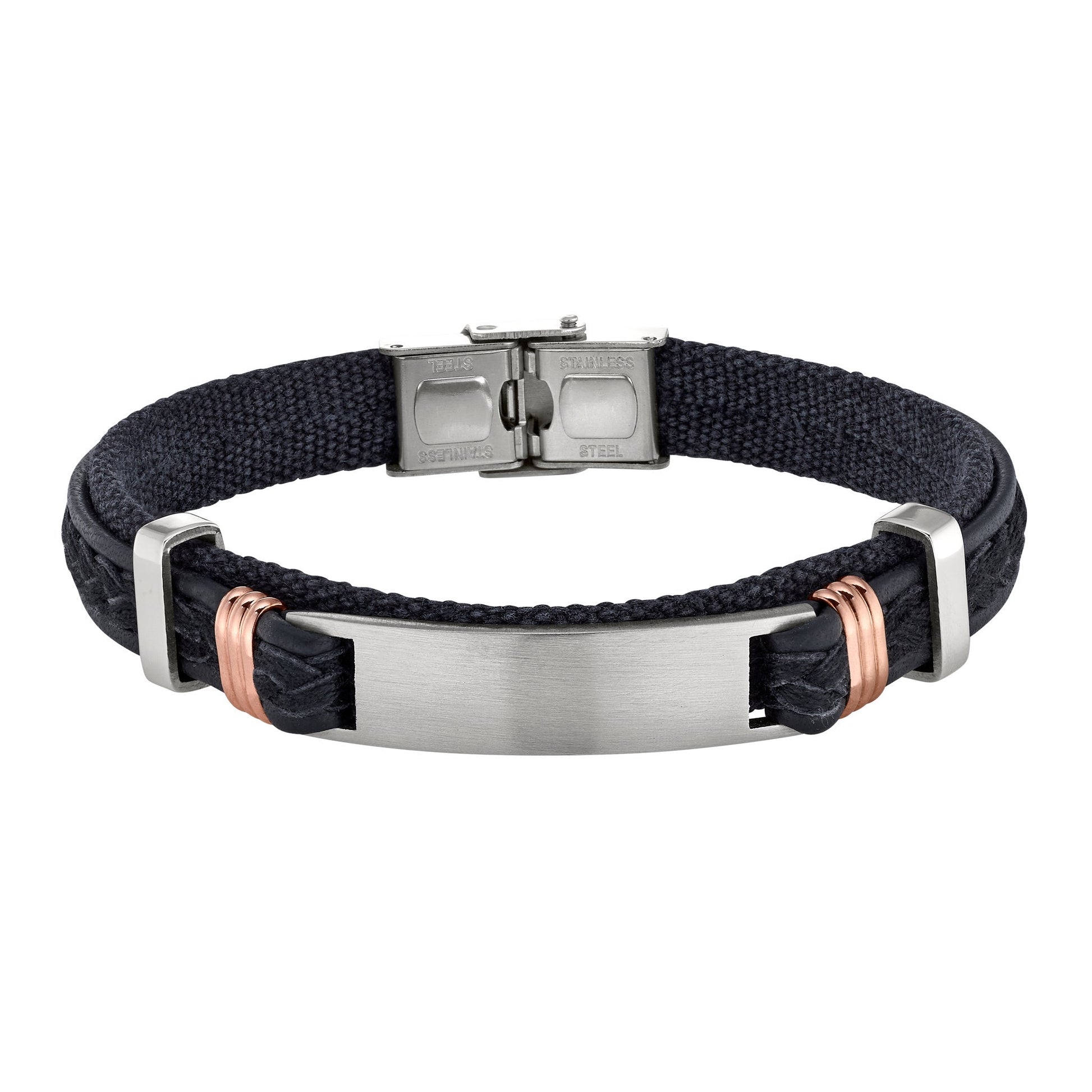 A black leather and fabric bracelet with large cenral stainless steel bar displayed on a neutral white background.