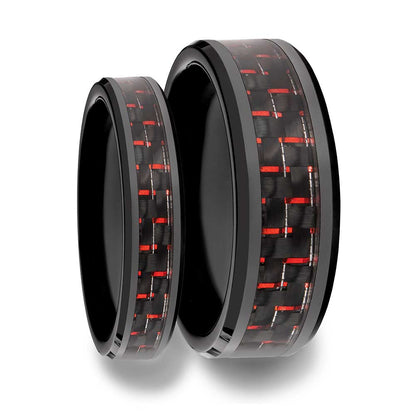 Black & Red Carbon Fiber Inlaid Ceramic Couple's Matching Wedding Band Set