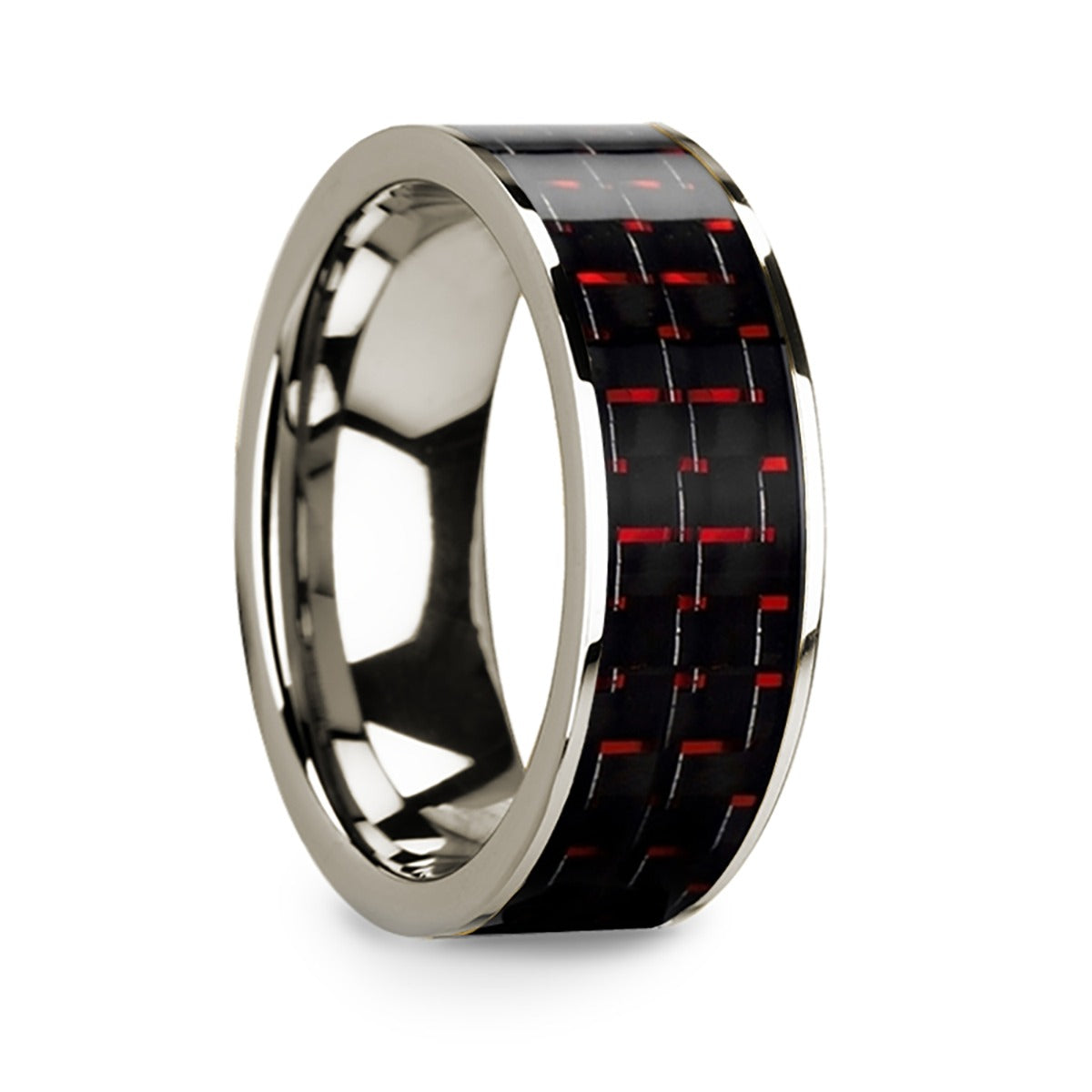 Black & Red Carbon Fiber Inlay 14k White Gold Men's Wedding Band
