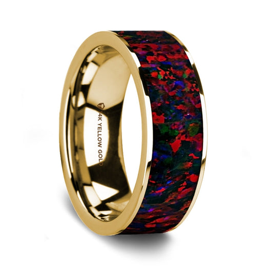 Black & Red Opal Inlay 14k Yellow Gold Men's Wedding Band