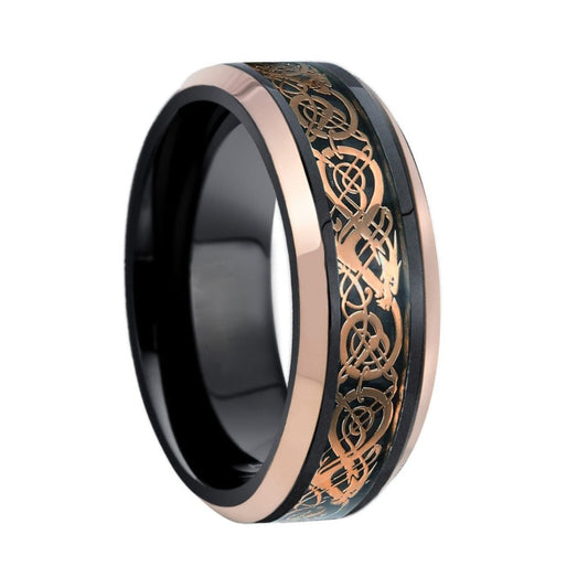 Black & Rose Gold Tungsten Men's Wedding Band with Celtic Dragon Inlay