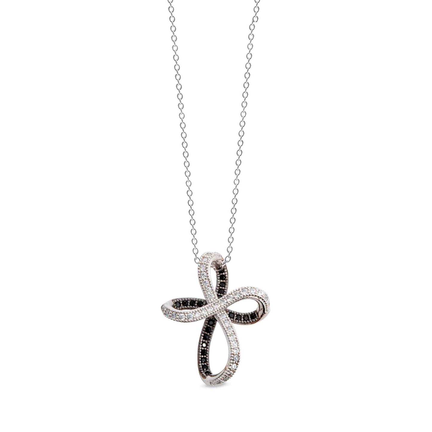 A black & silver ribbon cross necklace with simulated diamonds displayed on a neutral white background.