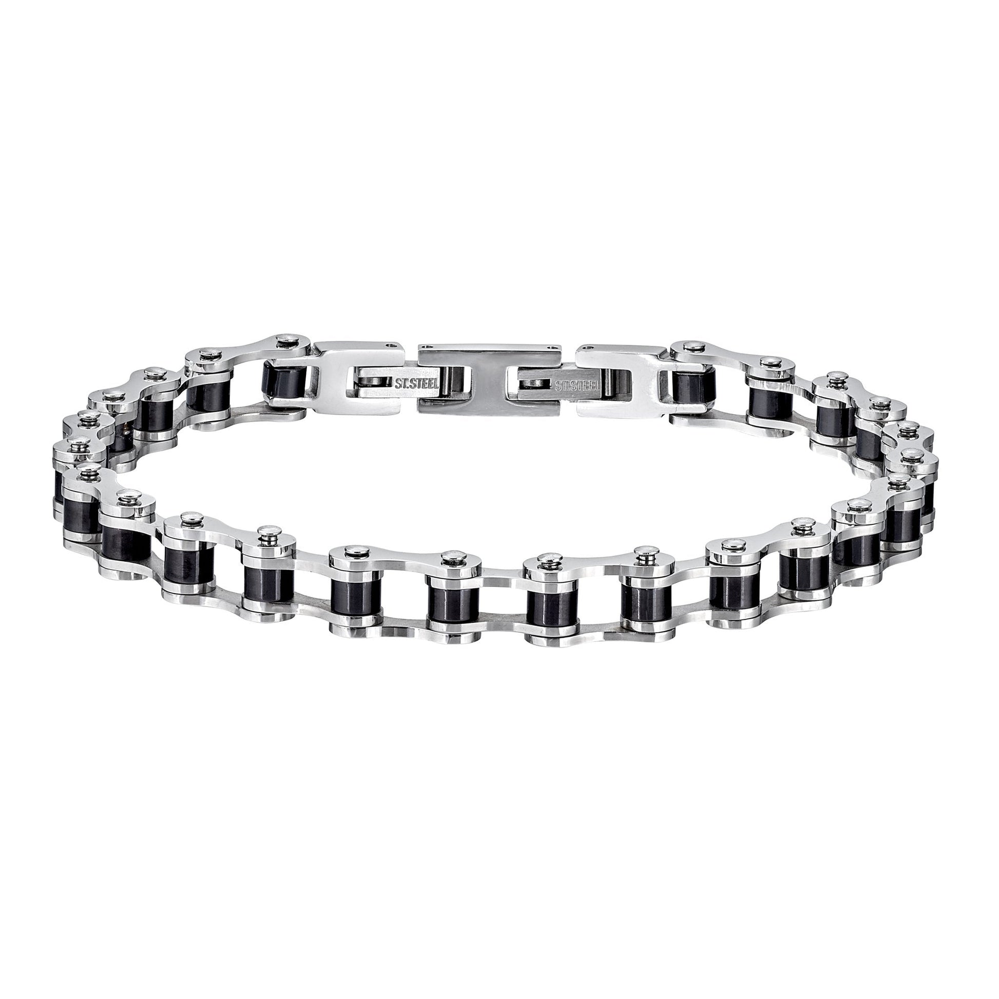 A black & silver stainless steel biker chain bracelet displayed on a neutral white background.