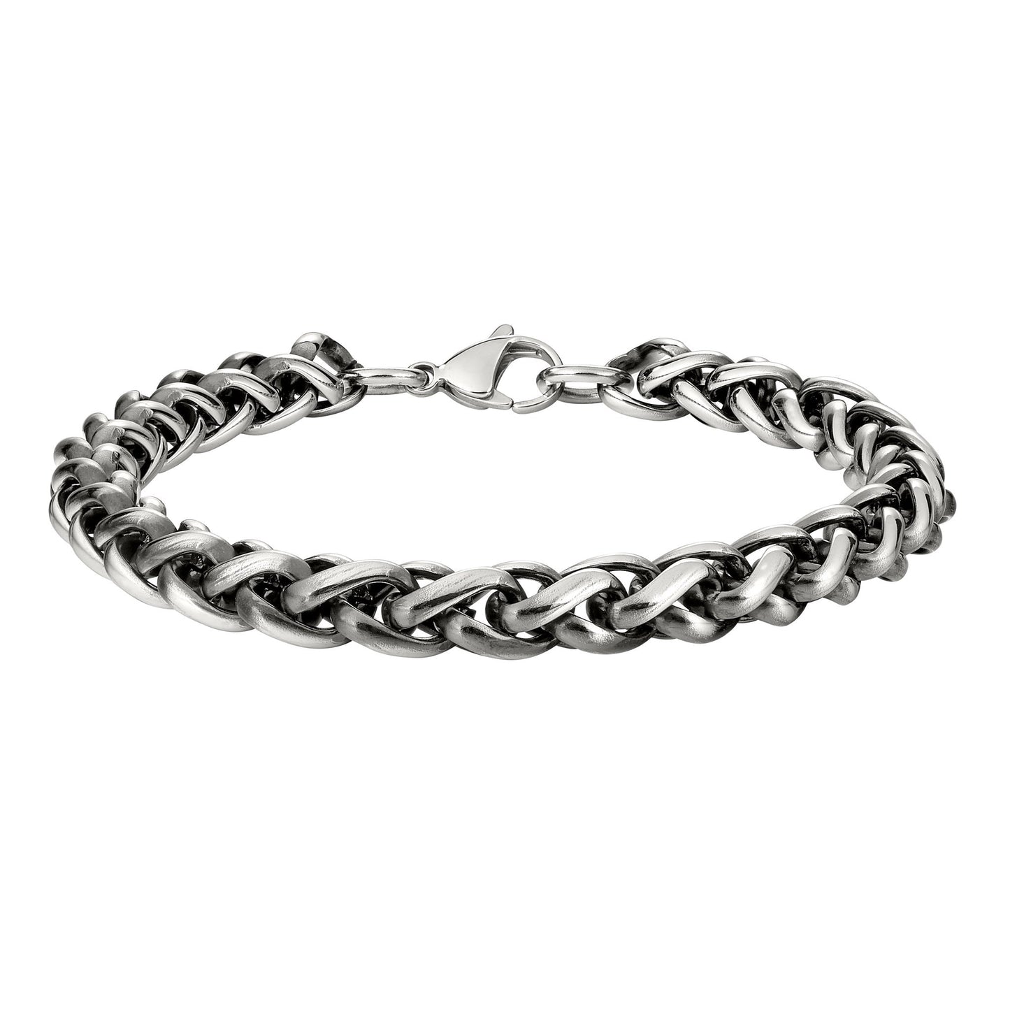 A black & silver stainless steel men's bracelet displayed on a neutral white background.