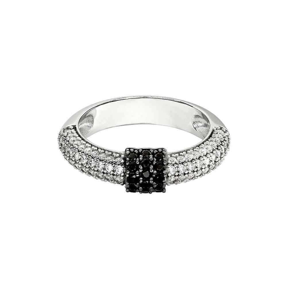 A black sterling silver ring with simulated diamonds displayed on a neutral white background.