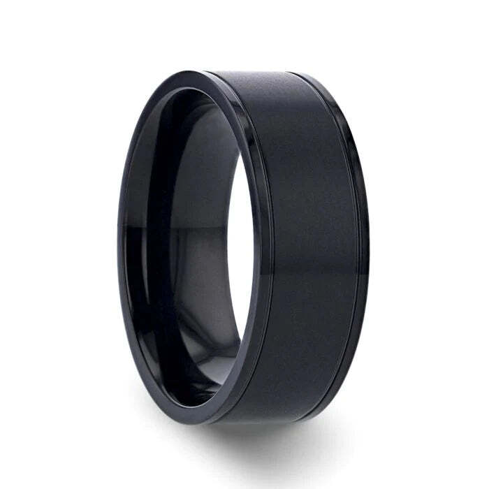 Black Titanium Couple's Matching Wedding Band Set with Dual Grooves