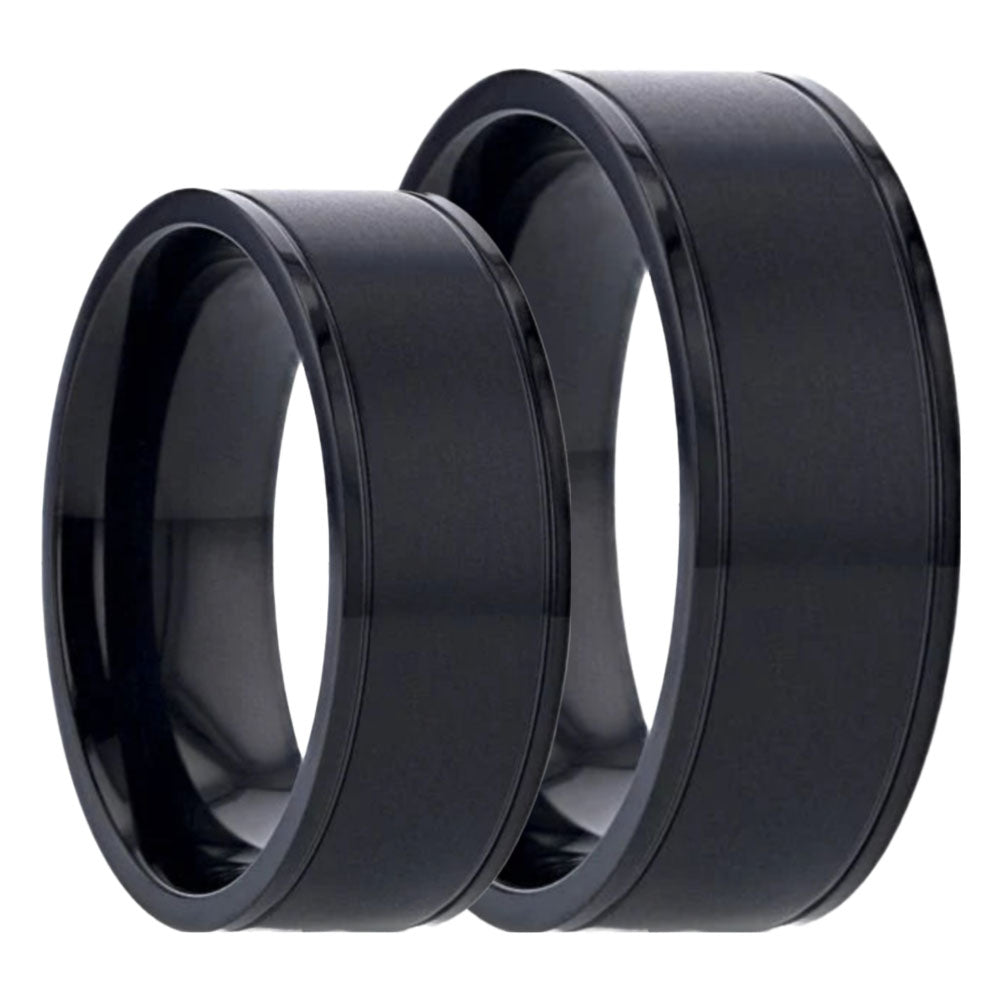 Black Titanium Couple's Matching Wedding Band Set with Dual Grooves