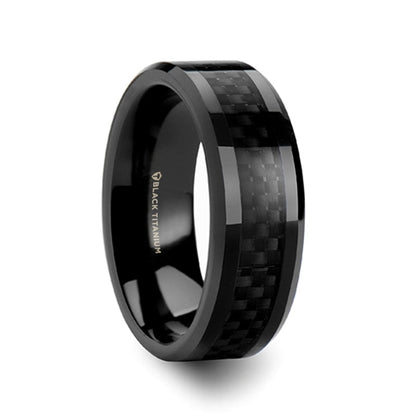 Black Titanium Couple's Matching Wedding Band Set with Black Carbon Fiber Inlay