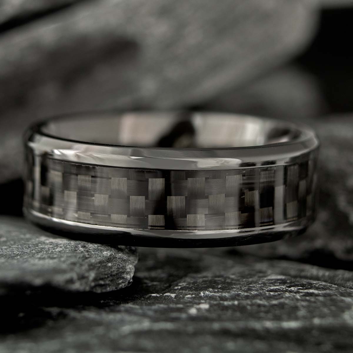 Black Titanium Couple's Wedding Band Set with Black Carbon Fiber Inlay
