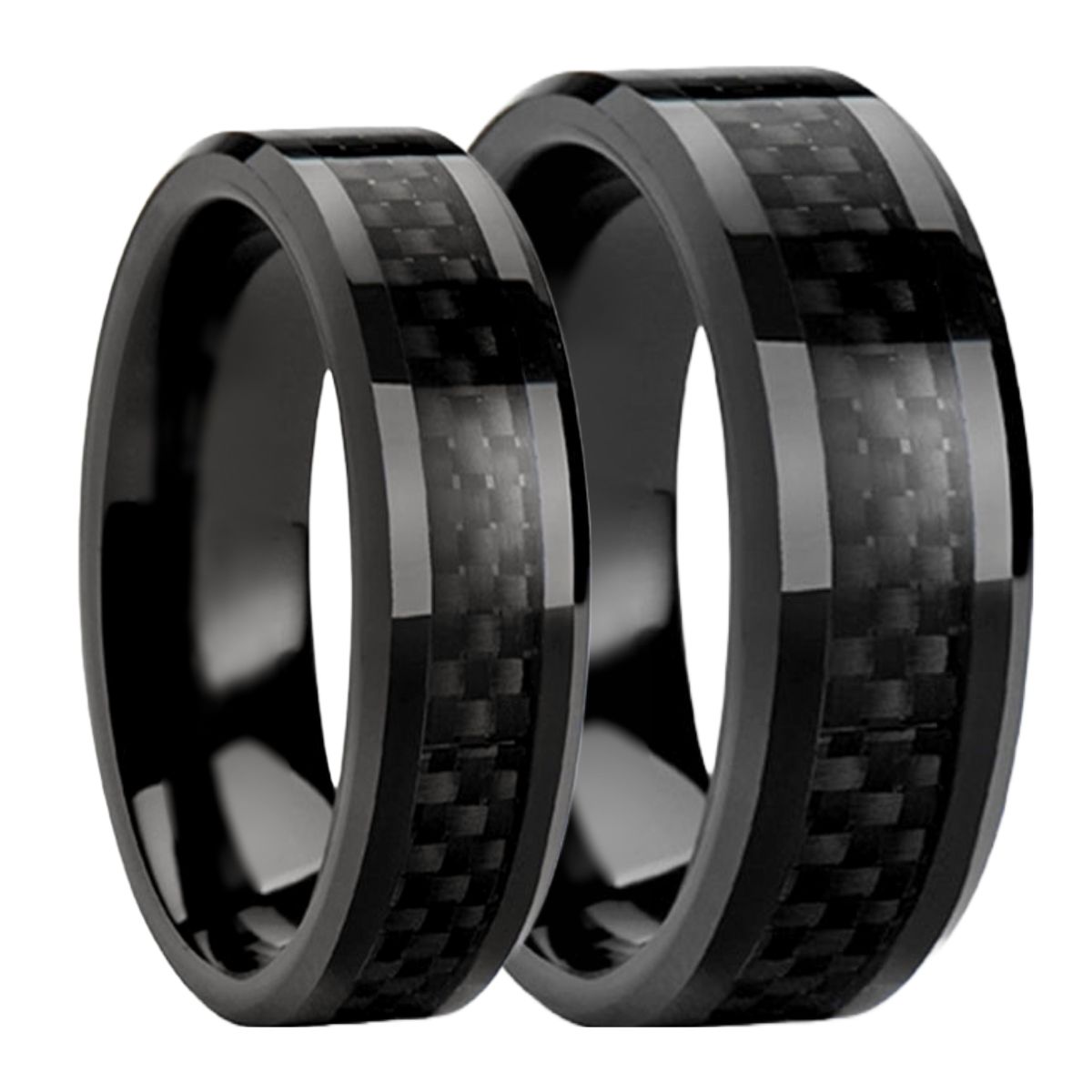 Juego de alianzas de boda a juego para parejas de titanio negro con incrustaciones de fibra de carbono negro