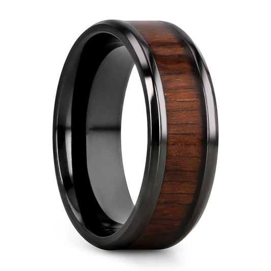 Black Titanium Men's Wedding Band with Black Walnut Wood Inlay