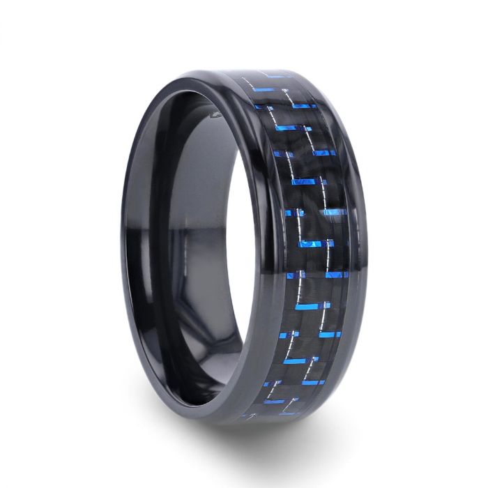 Black Titanium Men's Wedding Band with Blue & Black Carbon Fiber Inlay