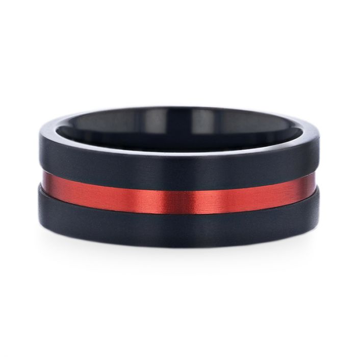 Black Titanium Men's Wedding Band with Red Groove