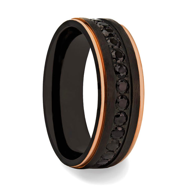 Men's Ring with Rose Gold Edges Black Gemstones