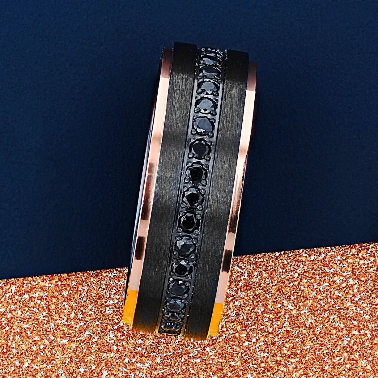 Black Titanium Men's Wedding Band with Rose Gold Edges & Black Sapphires
