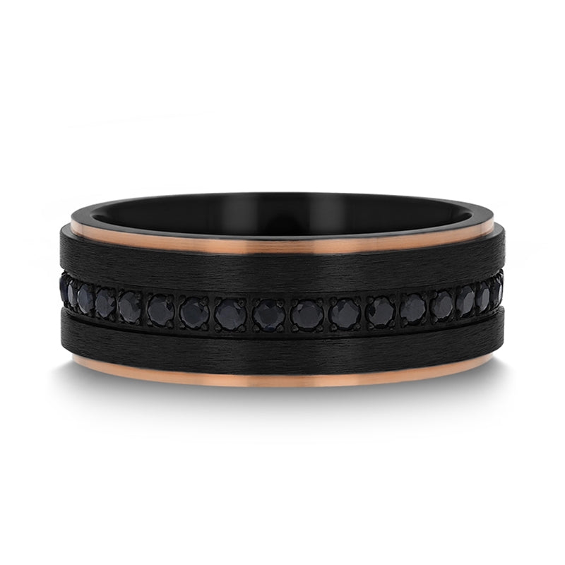 Black Titanium Men's Wedding Band with Rose Gold Edges & Black Sapphires