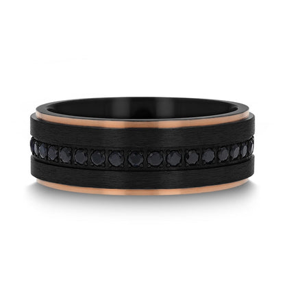 Black Titanium Men's Wedding Band with Rose Gold Edges & Black Sapphires