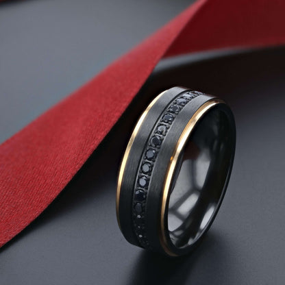 Black Titanium Men's Wedding Band with Rose Gold Edges & Black Sapphires