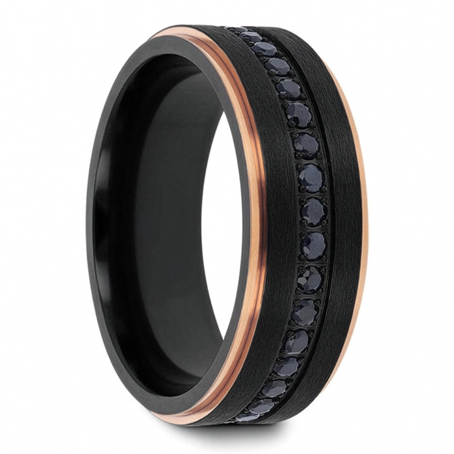 Black Titanium Men's Wedding Band with Rose Gold Edges & Black Sapphires