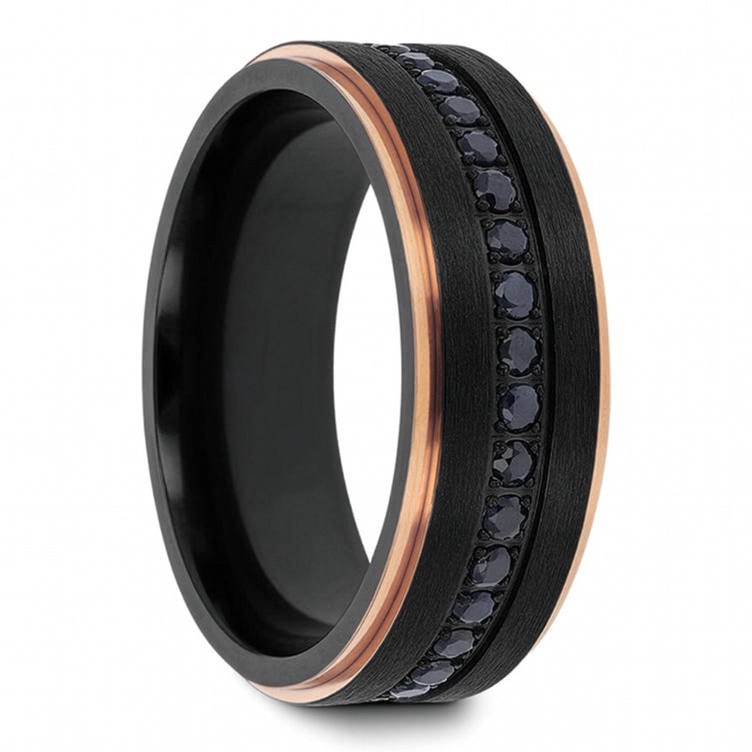 Black Titanium Men's Wedding Band with Rose Gold Edges & Black Sapphires