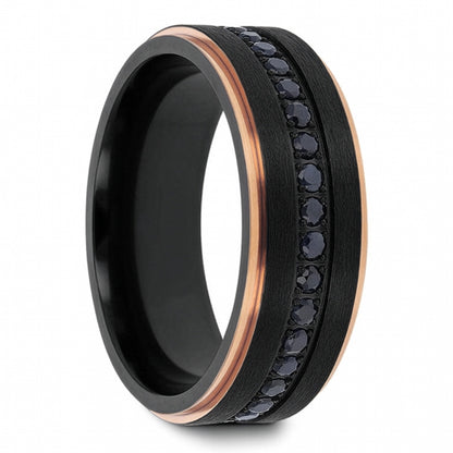 Black Titanium Men's Wedding Band with Rose Gold Edges & Black Sapphires