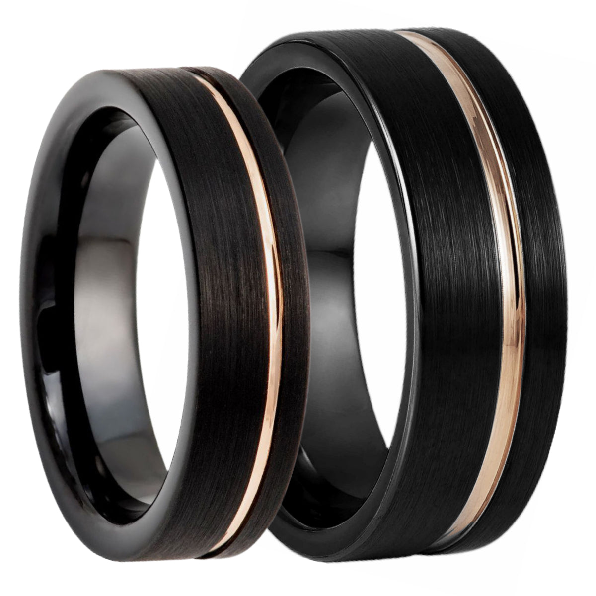 Black Tungsten Couple's Matching Wedding Band Set with Asymmetrical Rose Gold Groove