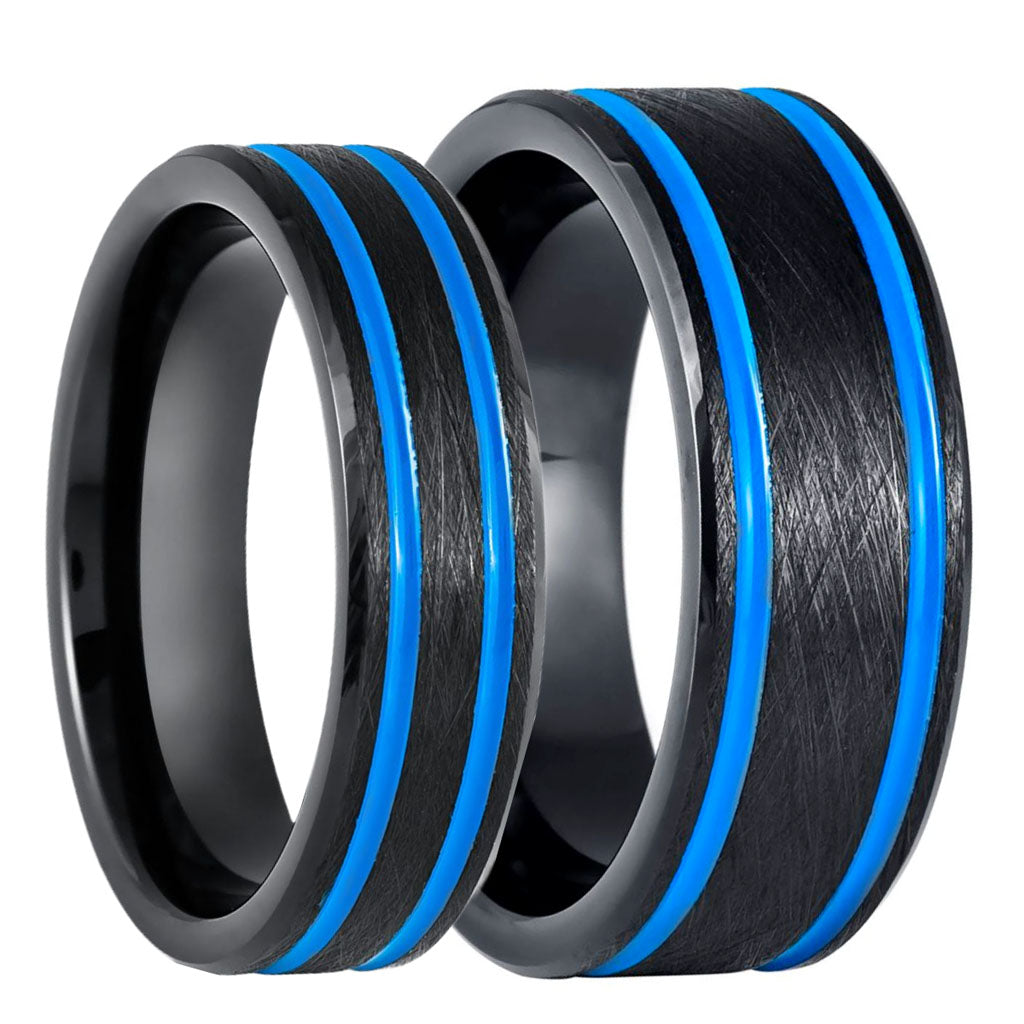 Black Tungsten Couple's Matching Wedding Band Set with Blue Grooves