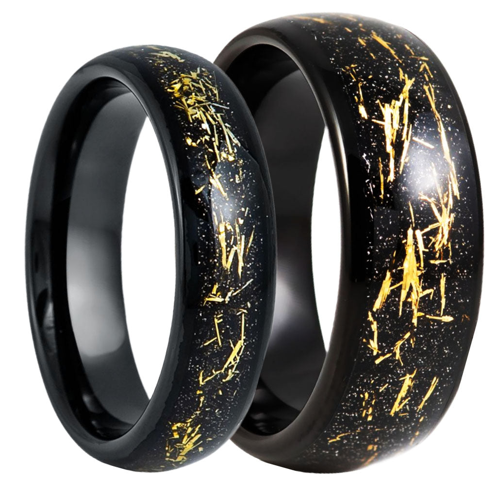 Black Tungsten Couple's Matching Wedding Band Set with Gold & Black Carbon Fiber Inlay