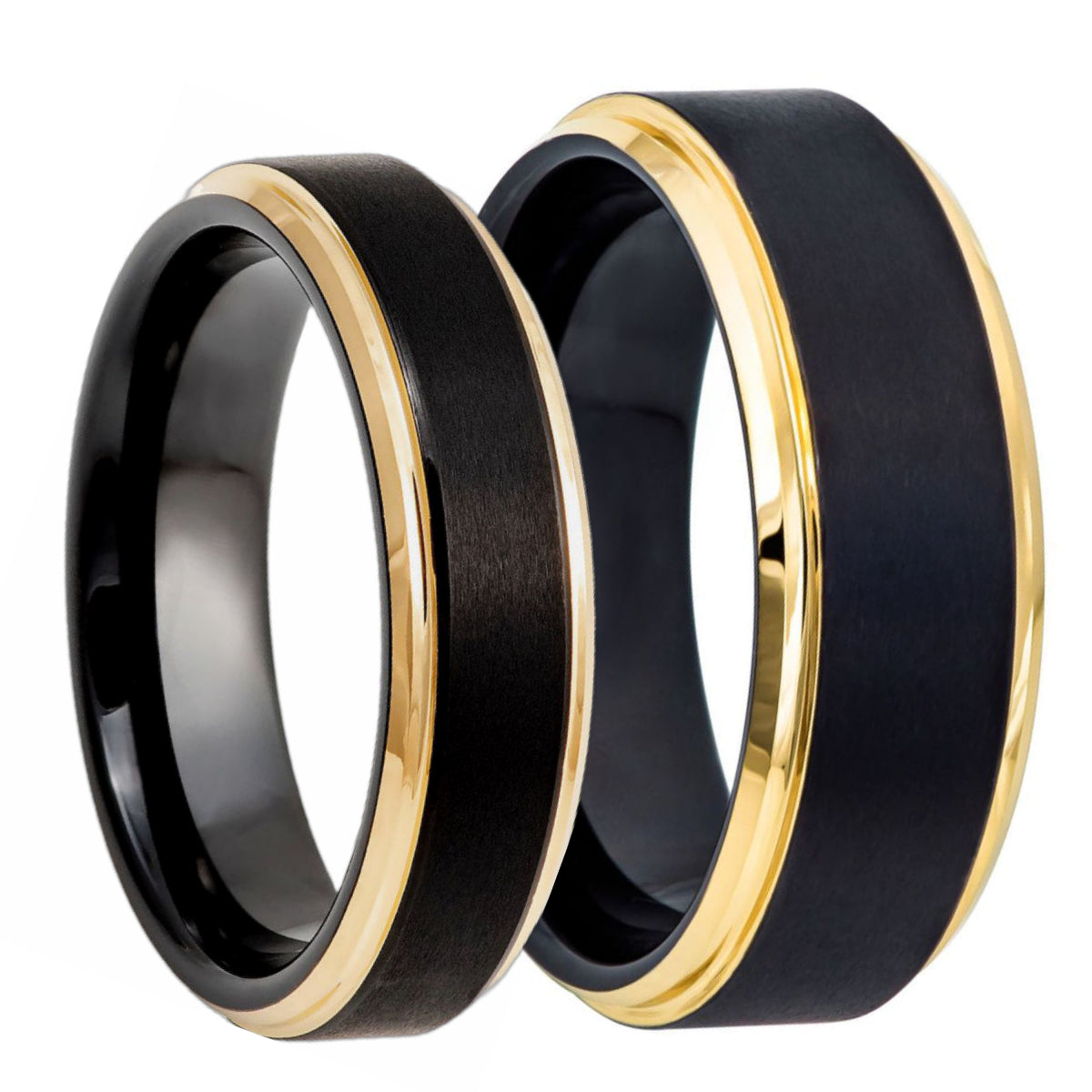 Black Tungsten Couple's Matching Wedding Band Set with Stepped Gold Edges