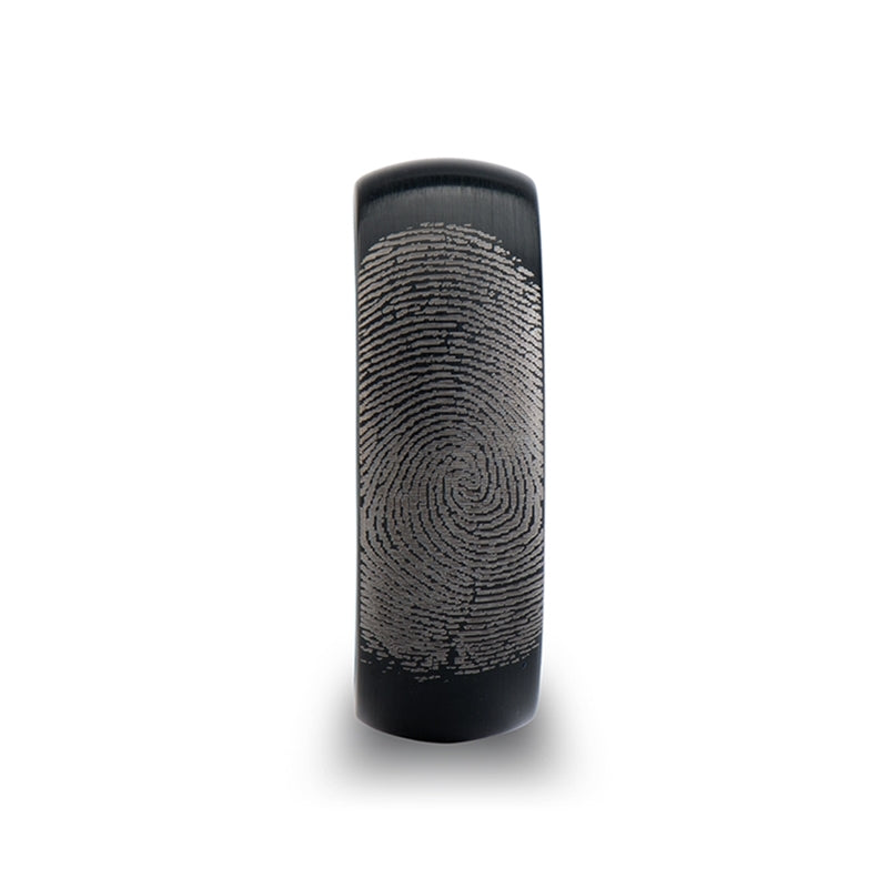 Black Tungsten Domed Brushed Wedding Band with Custom Fingerprint Engraving
