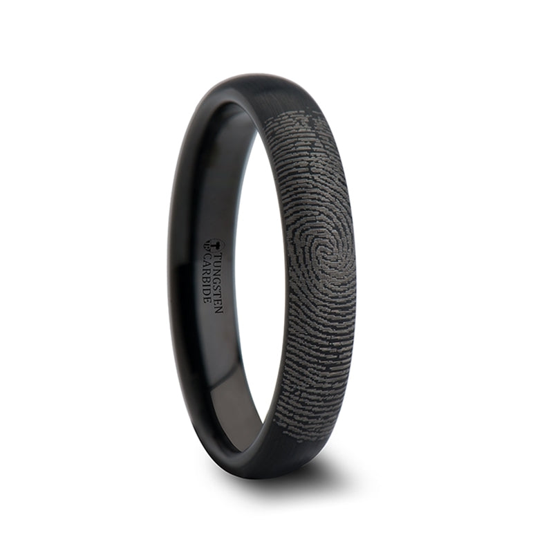 Black Tungsten Domed Brushed Wedding Band with Custom Fingerprint Engraving