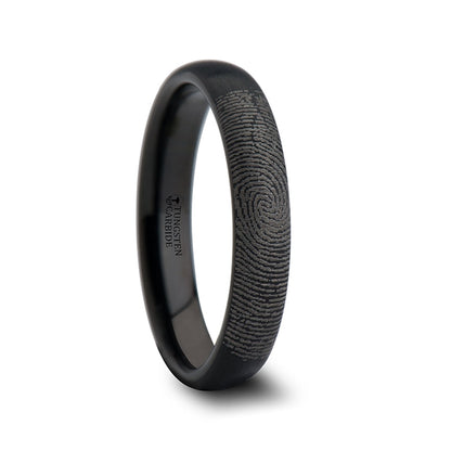 Black Tungsten Domed Brushed Wedding Band with Custom Fingerprint Engraving