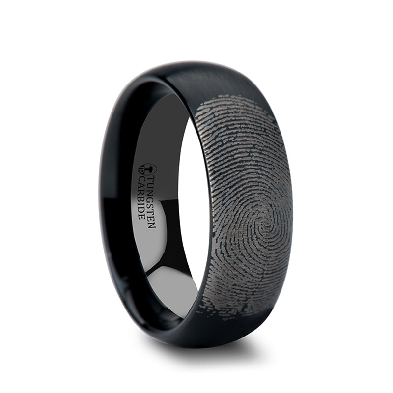 Black Tungsten Domed Brushed Wedding Band with Custom Fingerprint Engraving