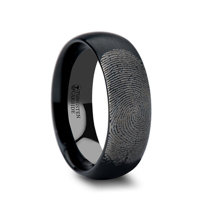 Black Tungsten Domed Brushed Wedding Band with Custom Fingerprint Engraving