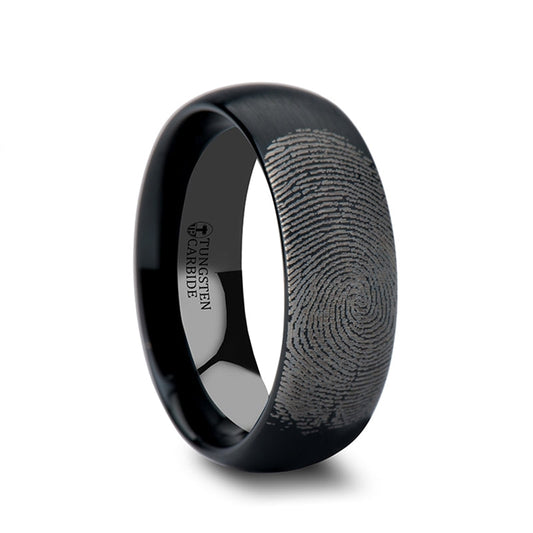 Black Tungsten Domed Brushed Wedding Band with Custom Fingerprint Engraving